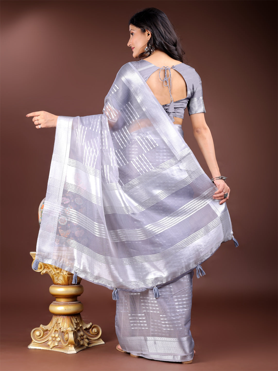 Shree Shyam Fashion Grey Organza Woven Zari Work Traditional Tassel Saree | Grocsy