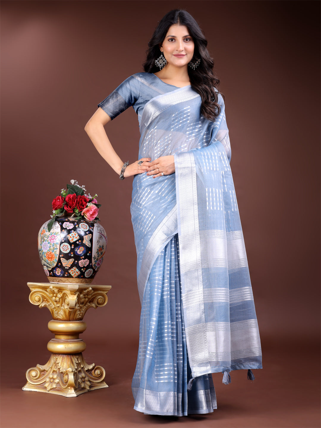 Shree Shyam Fashion Sky Blue Organza Woven Zari Work Traditional Tassel Saree | Grocsy