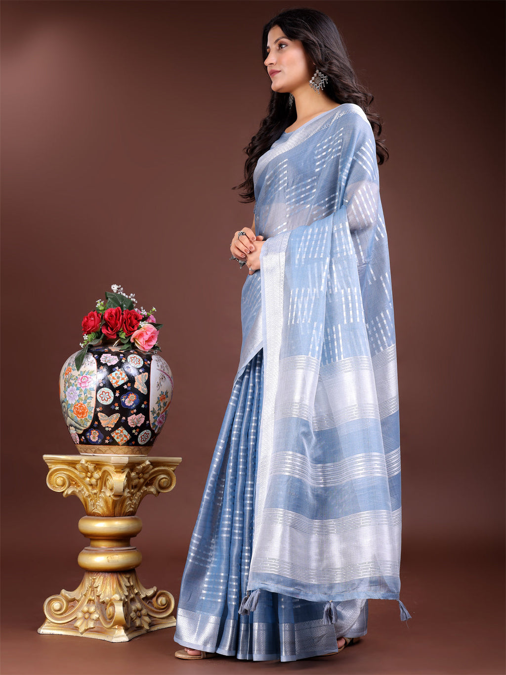 Shree Shyam Fashion Sky Blue Organza Woven Zari Work Traditional Tassel Saree | Grocsy