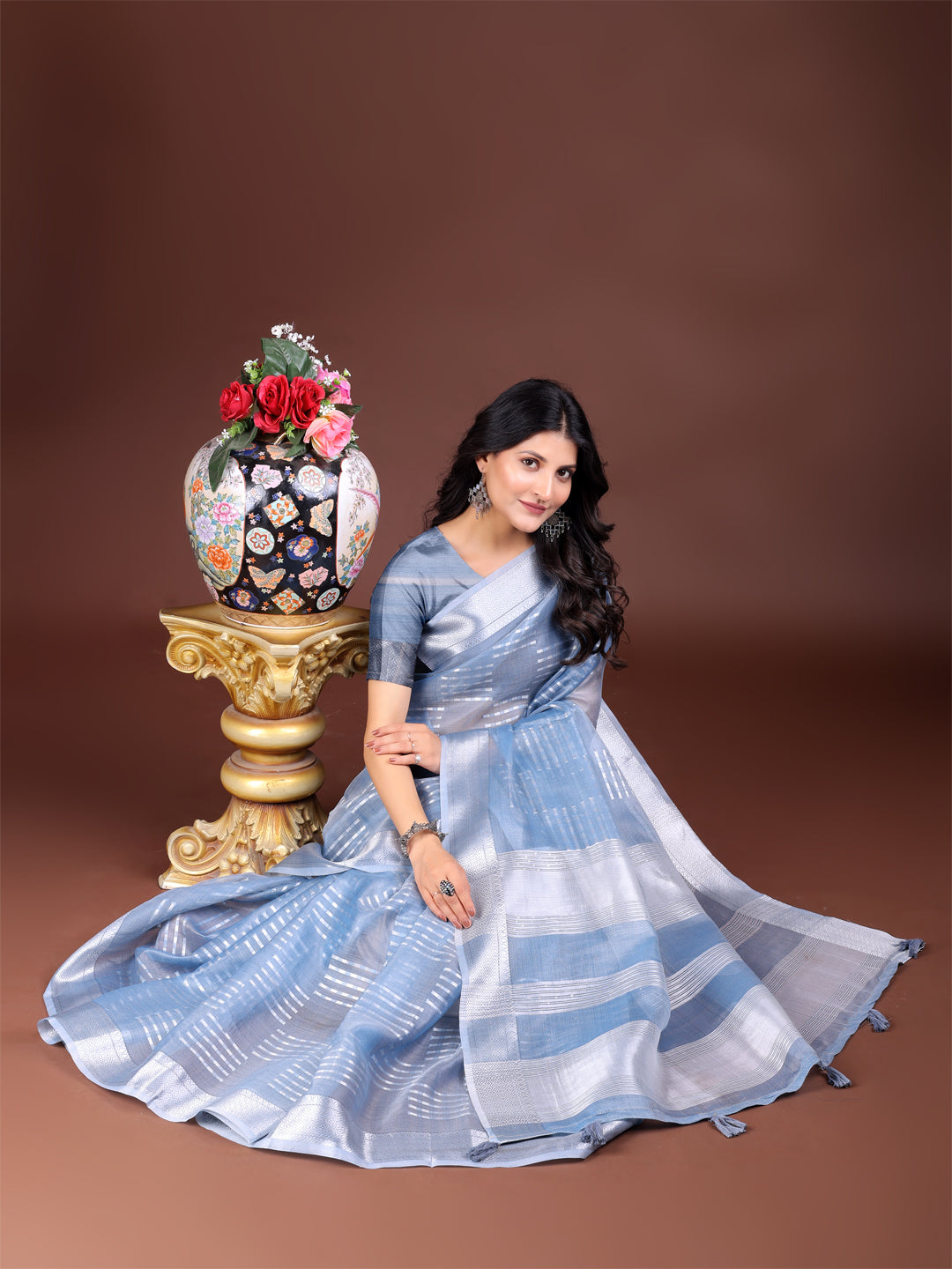Shree Shyam Fashion Sky Blue Organza Woven Zari Work Traditional Tassel Saree | Grocsy