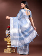 Shree Shyam Fashion Sky Blue Organza Woven Zari Work Traditional Tassel Saree | Grocsy