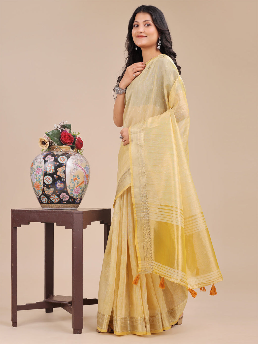 Shree Shyam Fashion Yellow Organza Woven Zari Work Traditional Tassel Saree | Grocsy