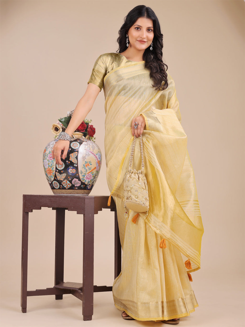 Shree Shyam Fashion Yellow Organza Woven Zari Work Traditional Tassel Saree | Grocsy