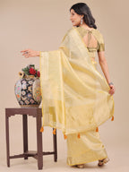 Shree Shyam Fashion Yellow Organza Woven Zari Work Traditional Tassel Saree | Grocsy