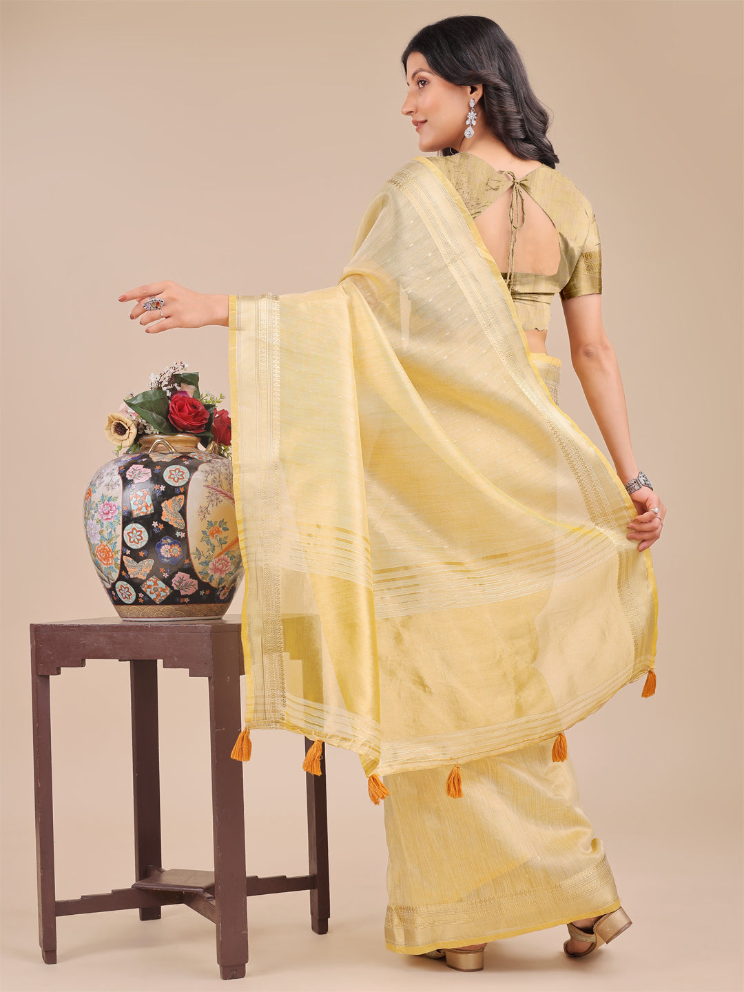 Shree Shyam Fashion Yellow Organza Woven Zari Work Traditional Tassel Saree | Grocsy