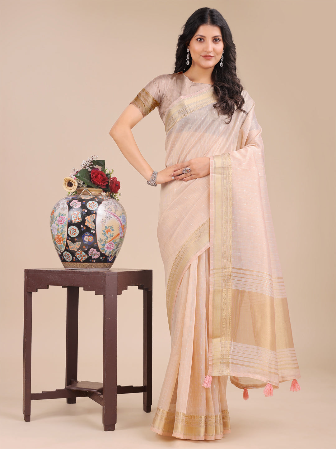 Shree Shyam Fashion Peach Organza Woven Zari Work Traditional Tassel Saree | Grocsy