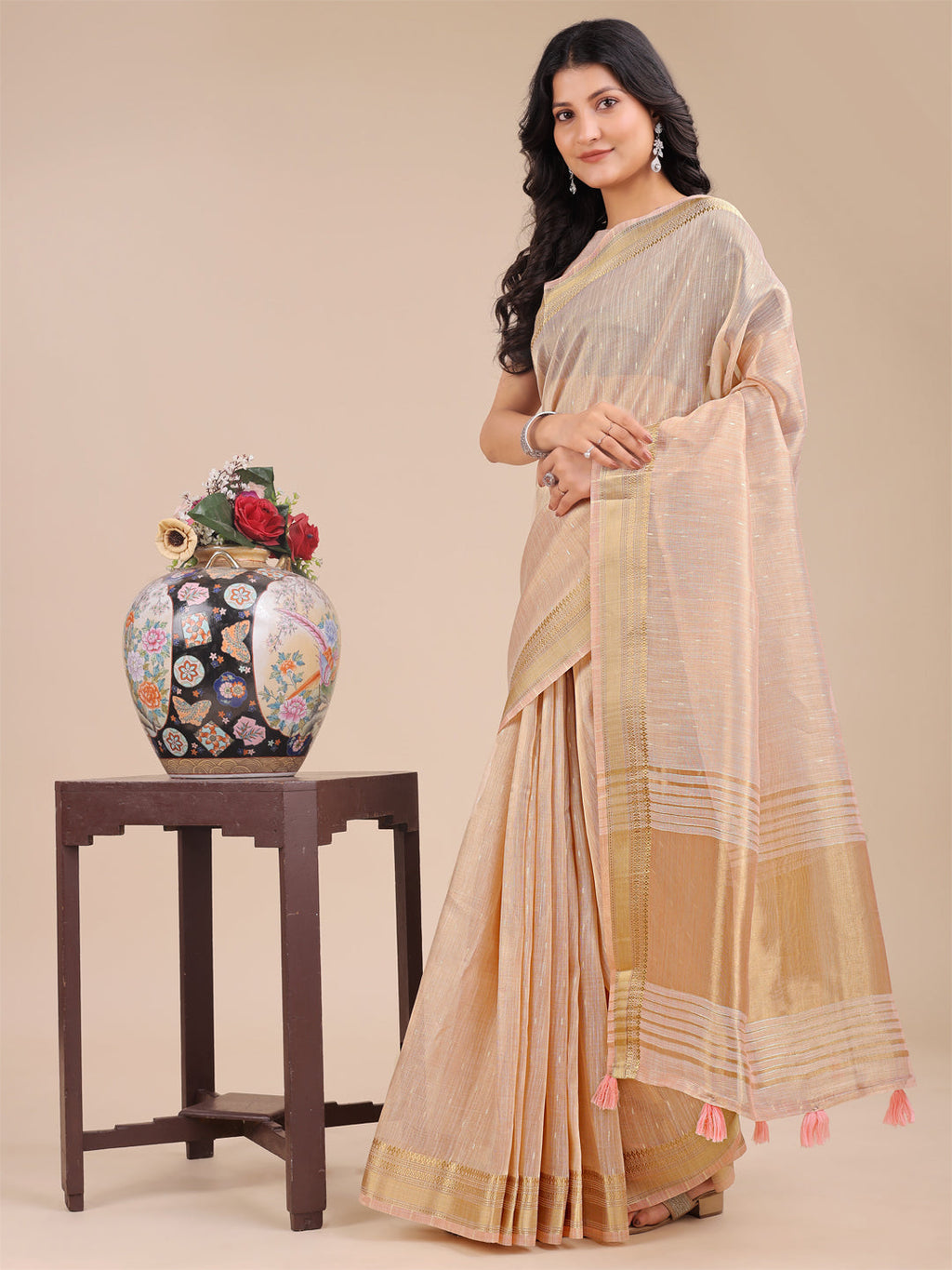 Shree Shyam Fashion Peach Organza Woven Zari Work Traditional Tassel Saree | Grocsy