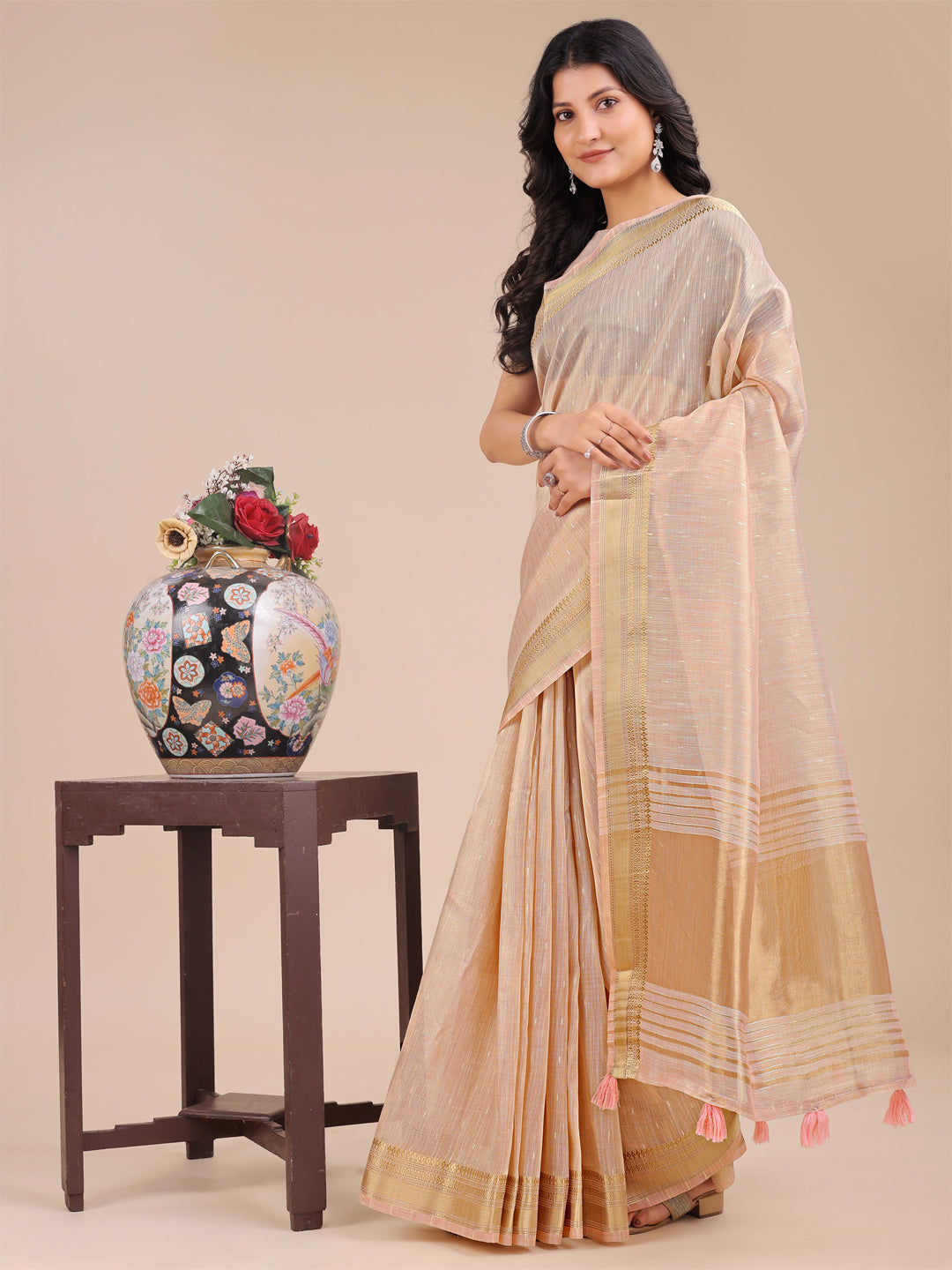 Shree Shyam Fashion Peach Organza Woven Zari Work Traditional Tassel Saree | Grocsy