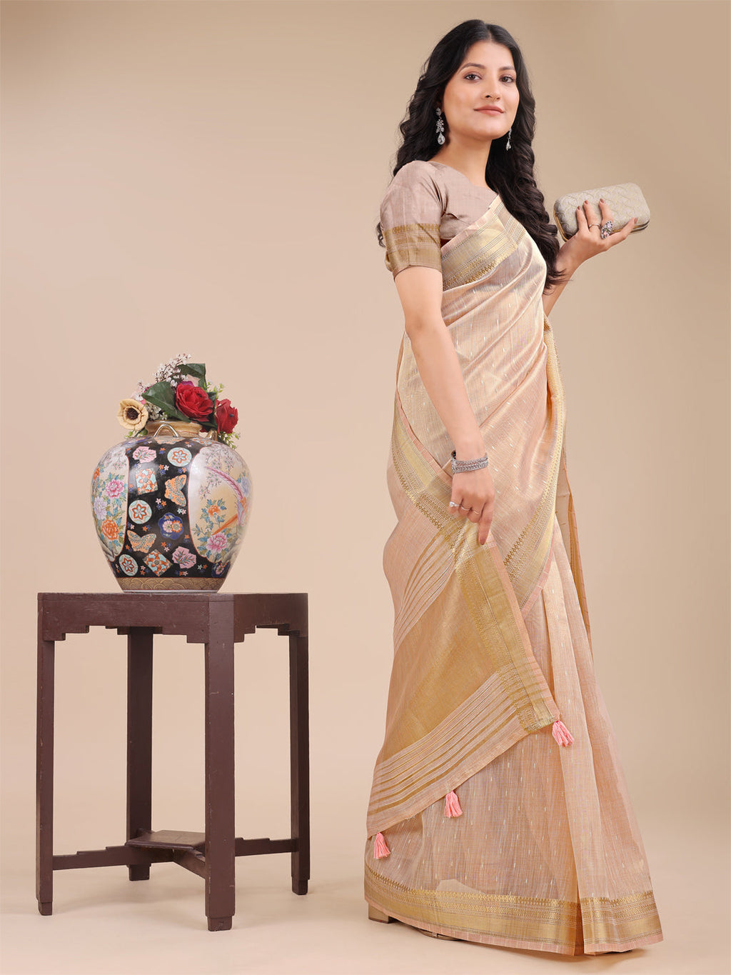 Shree Shyam Fashion Peach Organza Woven Zari Work Traditional Tassel Saree | Grocsy