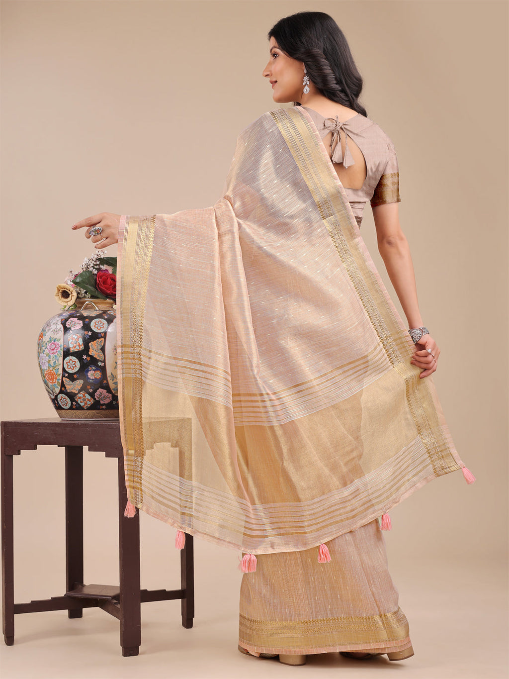 Shree Shyam Fashion Peach Organza Woven Zari Work Traditional Tassel Saree | Grocsy