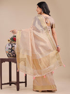 Shree Shyam Fashion Peach Organza Woven Zari Work Traditional Tassel Saree | Grocsy