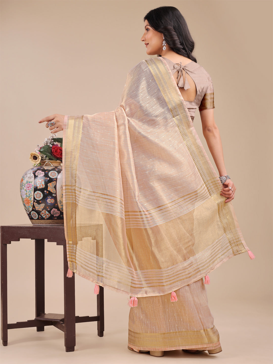 Shree Shyam Fashion Peach Organza Woven Zari Work Traditional Tassel Saree | Grocsy