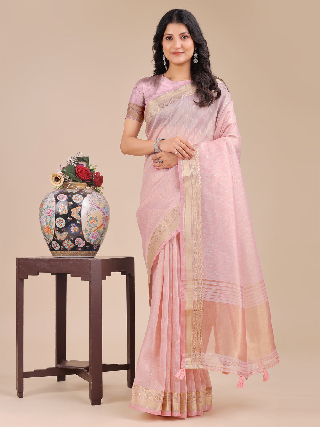 Shree Shyam Fashion Light Pink Organza Woven Zari Work Traditional Tassel Saree | Grocsy