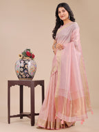 Shree Shyam Fashion Light Pink Organza Woven Zari Work Traditional Tassel Saree | Grocsy