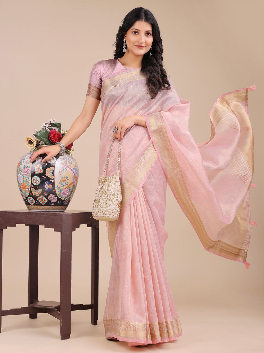 Shree Shyam Fashion Light Pink Organza Woven Zari Work Traditional Tassel Saree | Grocsy