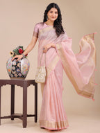Shree Shyam Fashion Light Pink Organza Woven Zari Work Traditional Tassel Saree | Grocsy