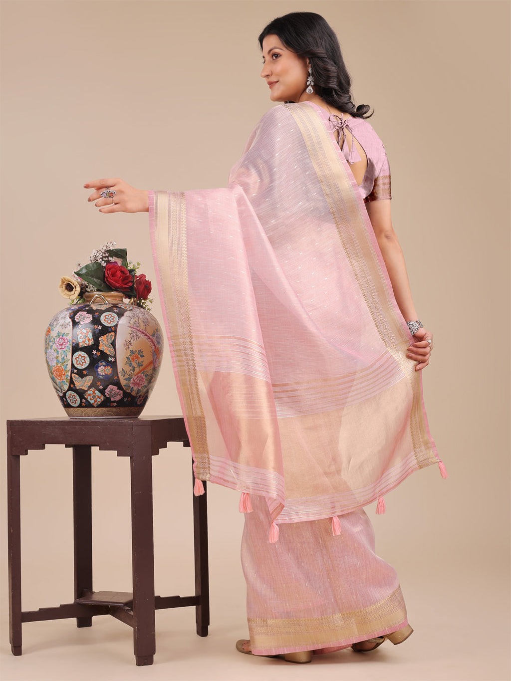 Shree Shyam Fashion Light Pink Organza Woven Zari Work Traditional Tassel Saree | Grocsy