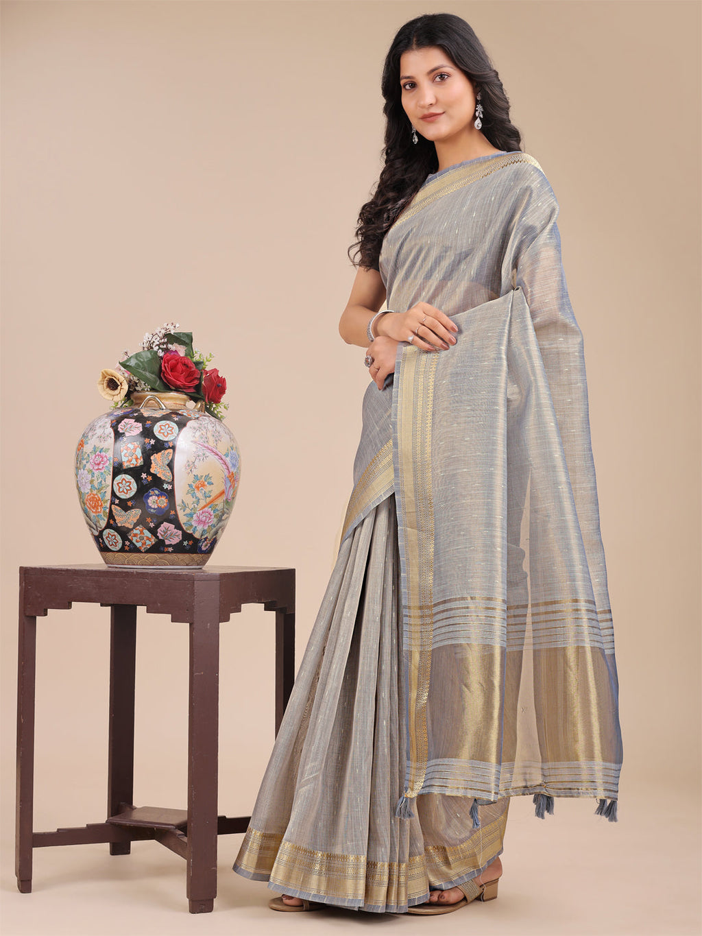 Shree Shyam Fashion Grey Organza Woven Zari Work Traditional Tassel Saree | Grocsy