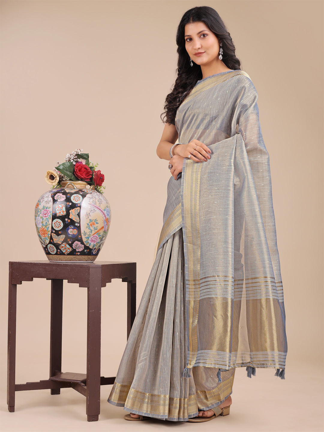 Shree Shyam Fashion Grey Organza Woven Zari Work Traditional Tassel Saree | Grocsy