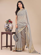 Shree Shyam Fashion Grey Organza Woven Zari Work Traditional Tassel Saree | Grocsy