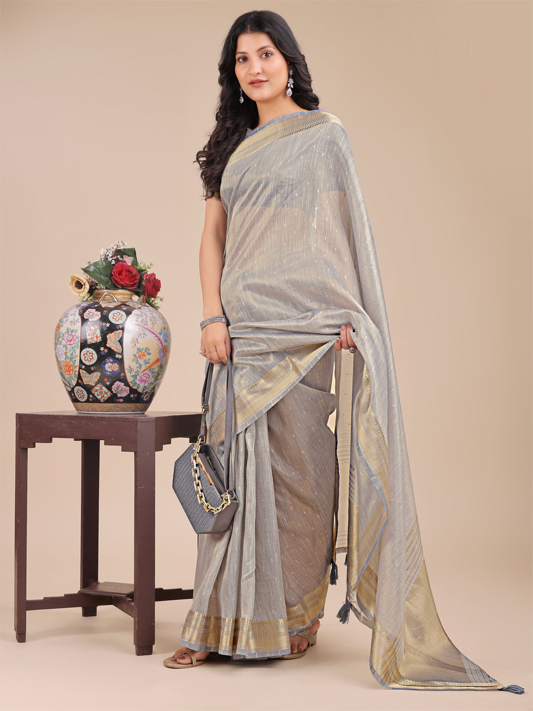 Shree Shyam Fashion Grey Organza Woven Zari Work Traditional Tassel Saree | Grocsy