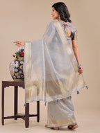 Shree Shyam Fashion Grey Organza Woven Zari Work Traditional Tassel Saree | Grocsy