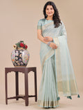 Shree Shyam Fashion Sea Green Organza Woven Zari Work Traditional Tassel Saree | Grocsy