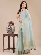 Shree Shyam Fashion Sea Green Organza Woven Zari Work Traditional Tassel Saree | Grocsy