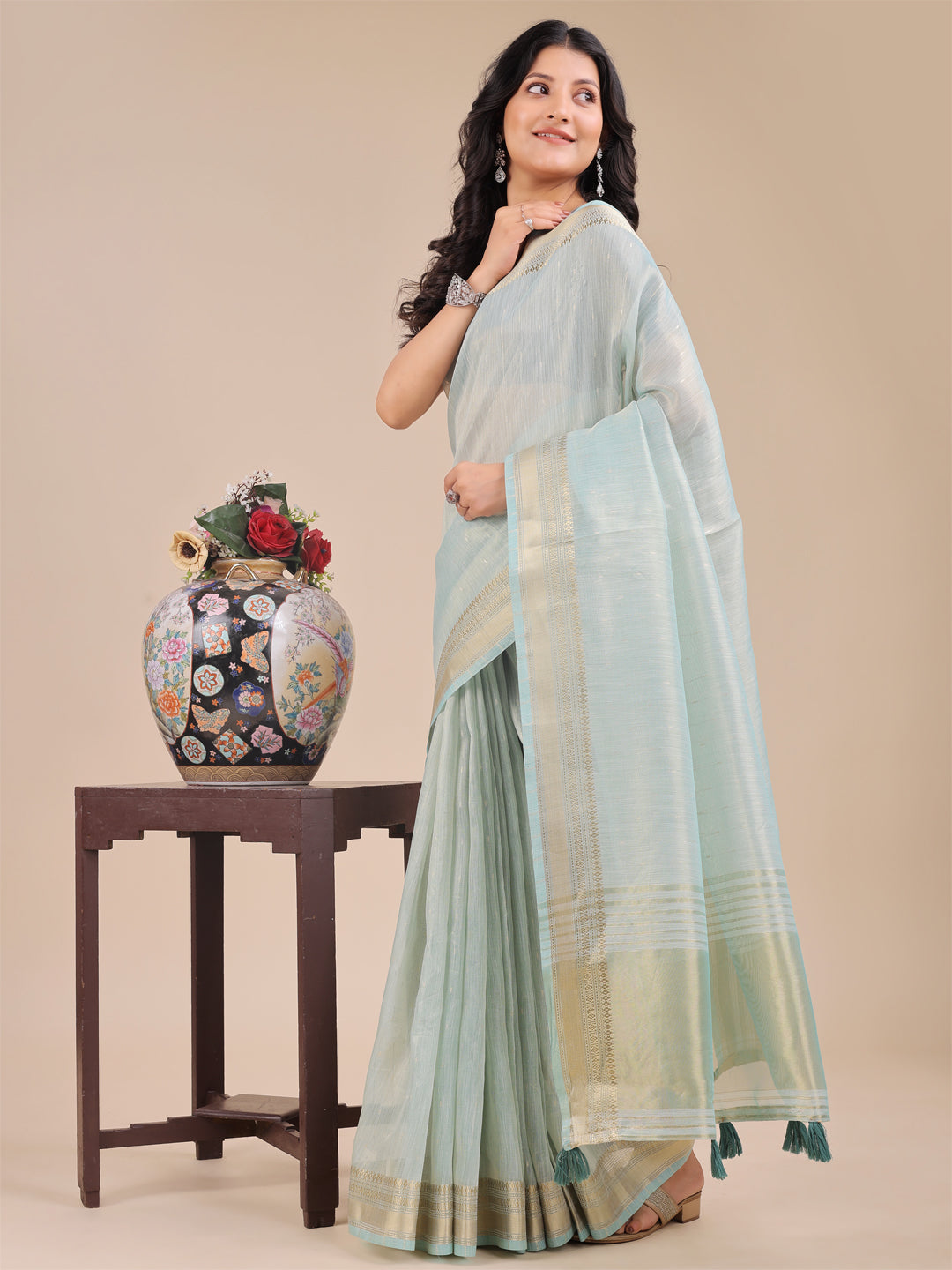 Shree Shyam Fashion Sea Green Organza Woven Zari Work Traditional Tassel Saree | Grocsy
