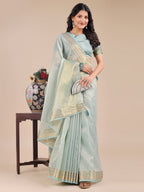 Shree Shyam Fashion Sea Green Organza Woven Zari Work Traditional Tassel Saree | Grocsy