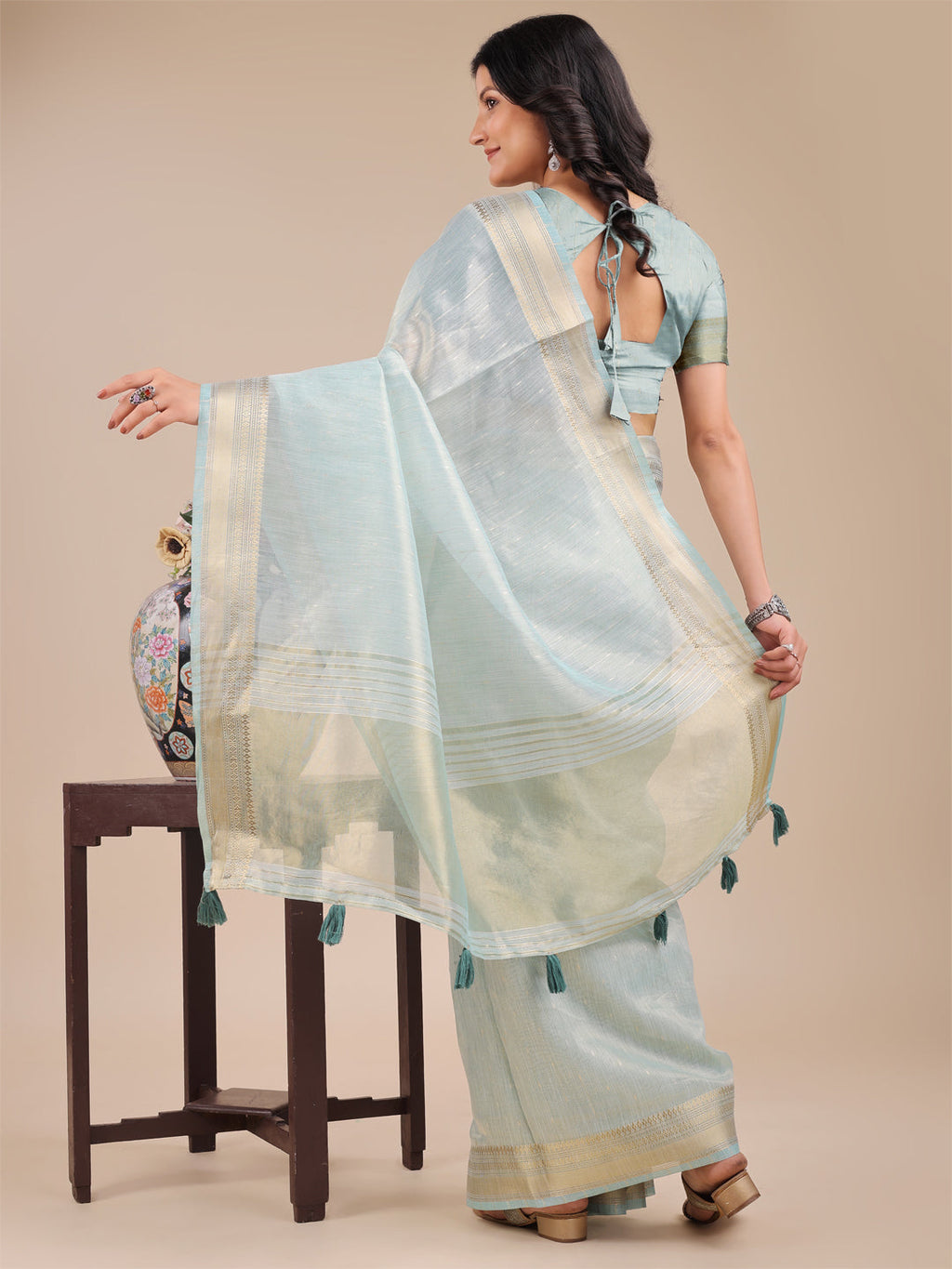 Shree Shyam Fashion Sea Green Organza Woven Zari Work Traditional Tassel Saree | Grocsy