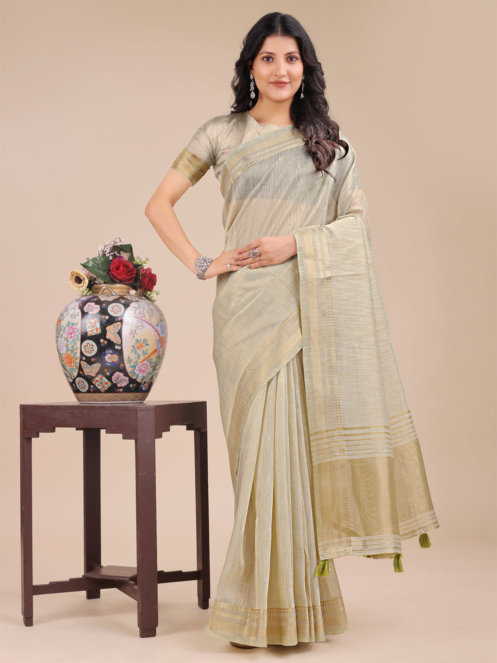 Shree Shyam Fashion Cream Organza Woven Zari Work Traditional Tassel Saree | Grocsy