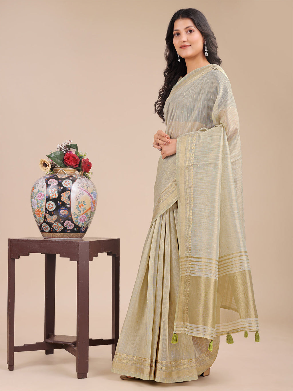 Shree Shyam Fashion Cream Organza Woven Zari Work Traditional Tassel Saree | Grocsy