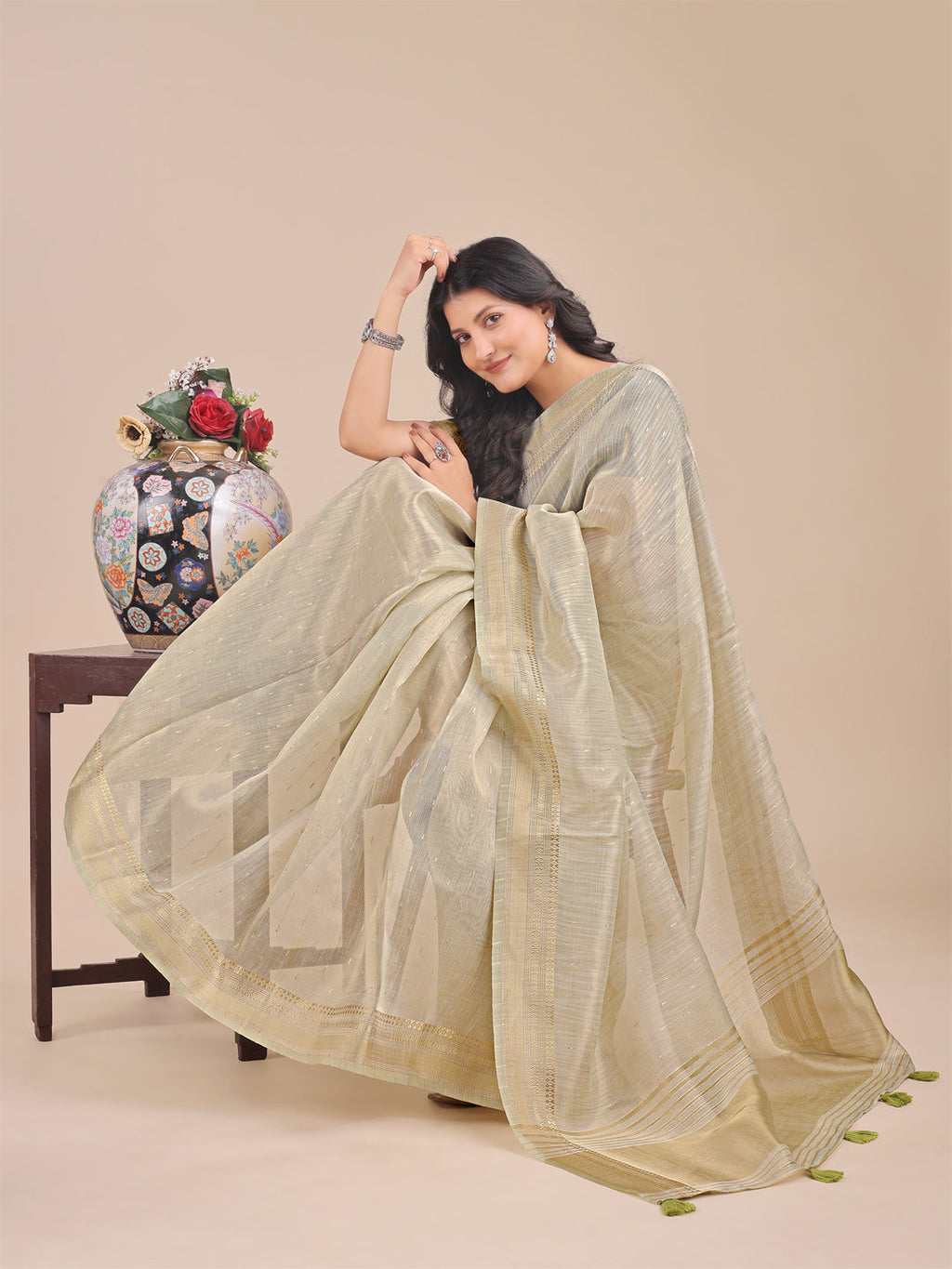 Shree Shyam Fashion Cream Organza Woven Zari Work Traditional Tassel Saree | Grocsy