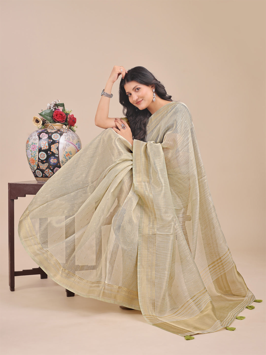 Shree Shyam Fashion Cream Organza Woven Zari Work Traditional Tassel Saree | Grocsy