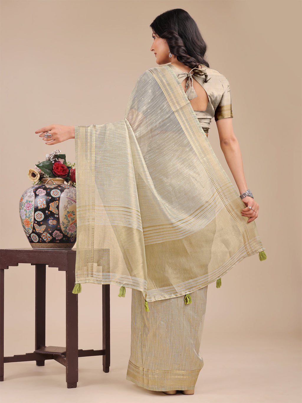 Shree Shyam Fashion Cream Organza Woven Zari Work Traditional Tassel Saree | Grocsy
