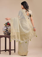 Shree Shyam Fashion Cream Organza Woven Zari Work Traditional Tassel Saree | Grocsy