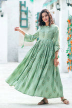 Partywear Designer Digital Printed Moss Green Pure Maslin Gown - Anbazaar | Grocsy