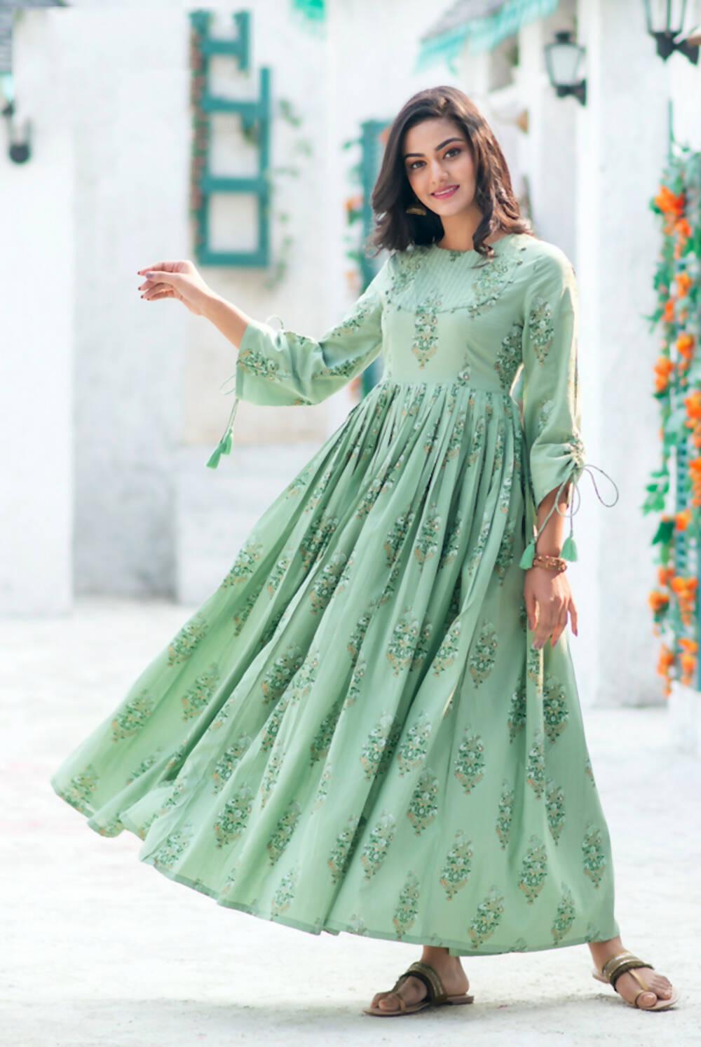 Partywear Designer Digital Printed Moss Green Pure Maslin Gown - Anbazaar | Grocsy