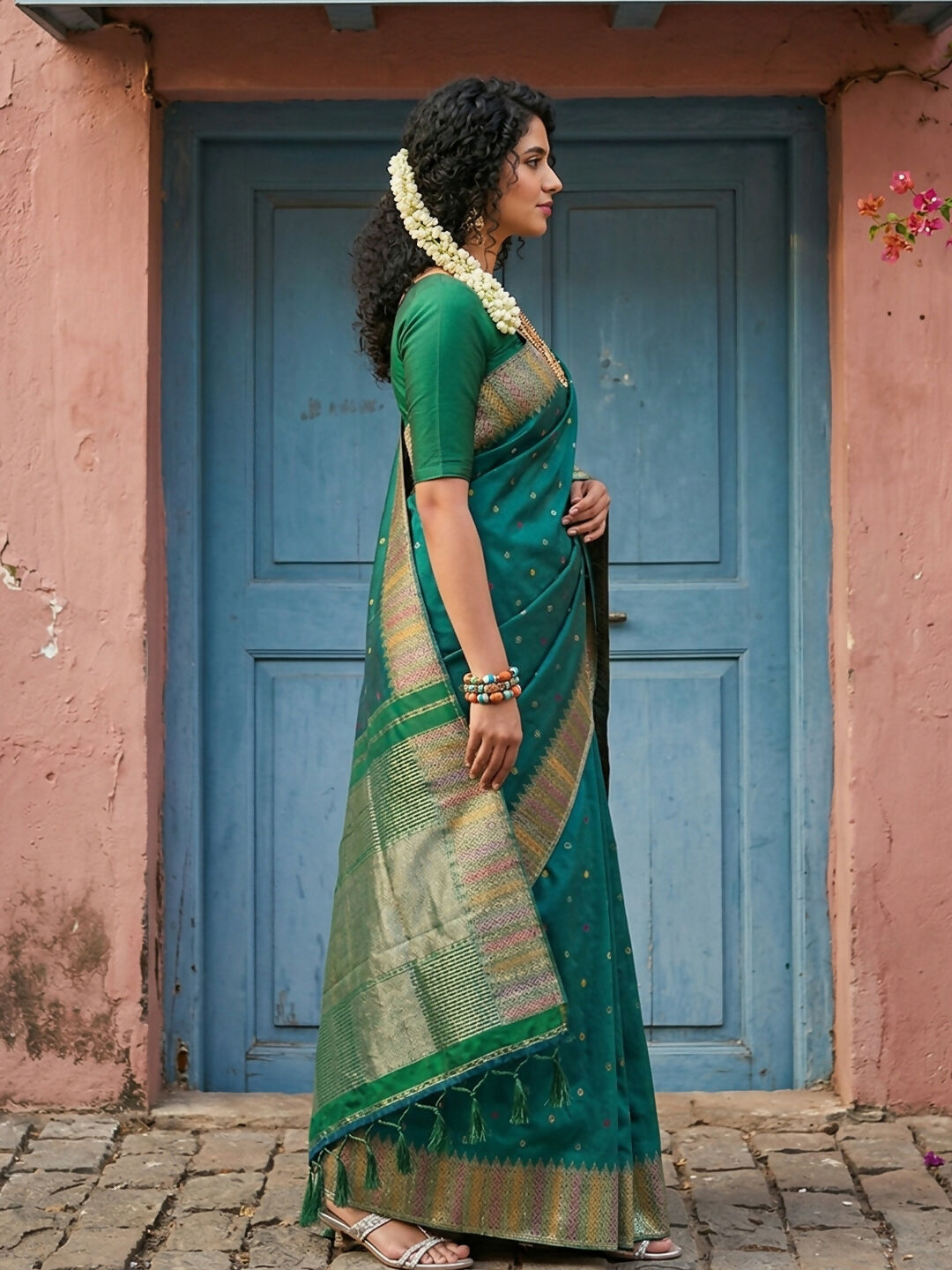 Shree Shyam Fashion Dark Green Silk Blend Saree | Grocsy