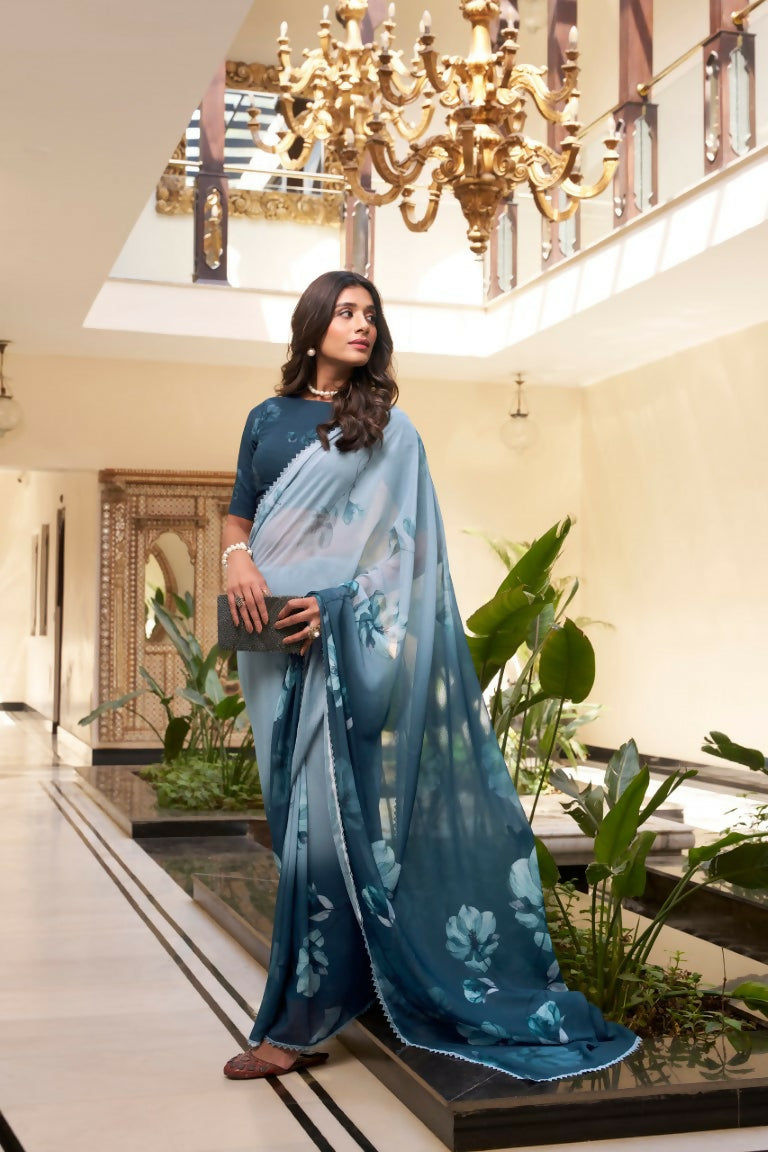 Vastranavya Rama Weightless Marble Printed & Trim Lace Border Saree with Unstitched Blouse | Grocsy
