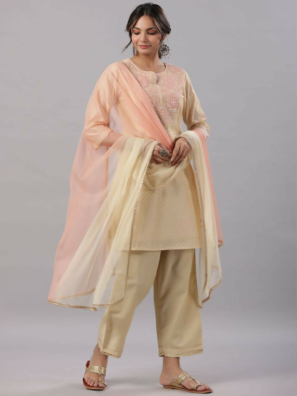 Juniper Women Gold Modal Chanderi Embroidered Kurta, Pants and Dupatta Set | Grocsy