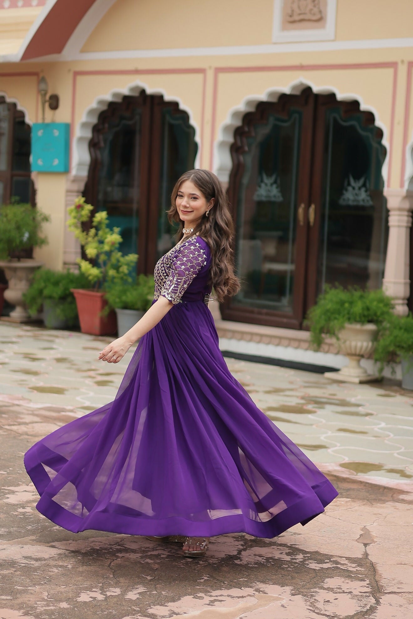 Joban Fashion Purple Georgette Sequence Embroidery Work Gown | Grocsy