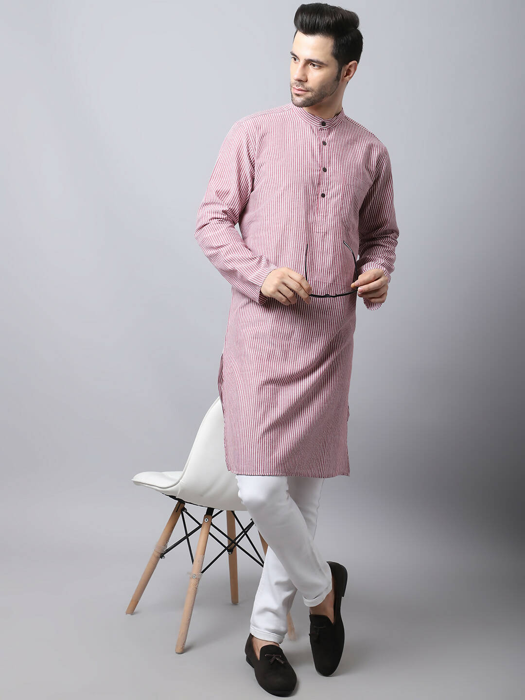 Even Apparels Red Pure Cotton Men's Kurta With Band Collar | Grocsy