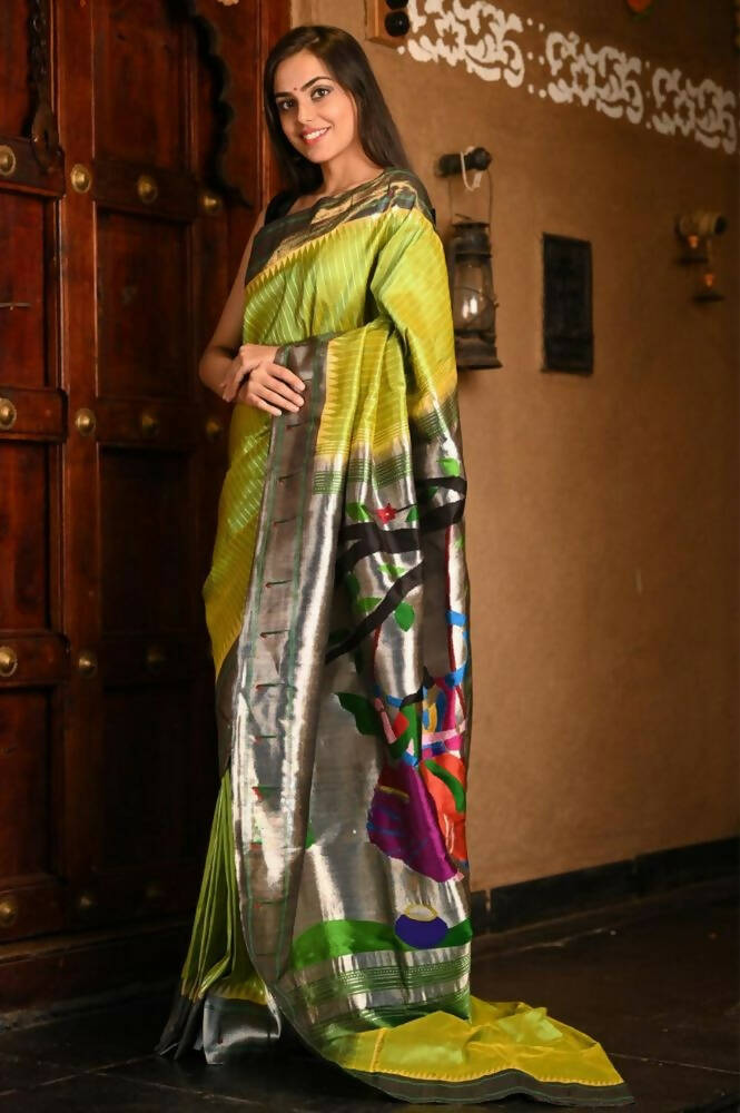 Very Much Indian Premium Handloom Pure Silk Muniya Borde-Parrot Green,Silver Zari And Intricate Big Radha Krishna Pallu | Grocsy