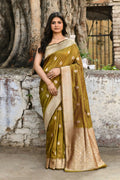 Joban Fashion Olive Green Pure Katan Pure Handloom Banarasi Silk Saree | Grocsy
