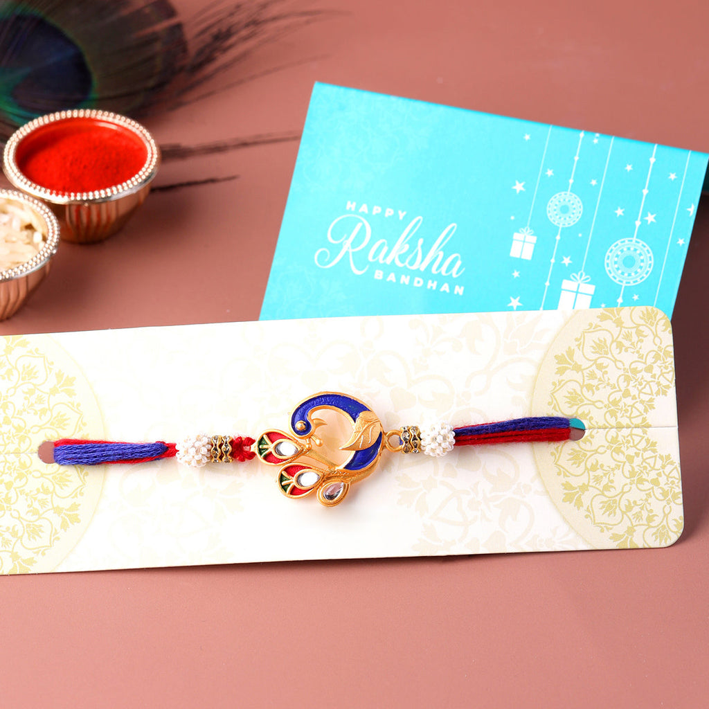 trueBrowns X Voylla Designer Enameled Peacock Rakhi With Roli Chaawal Pack | Grocsy