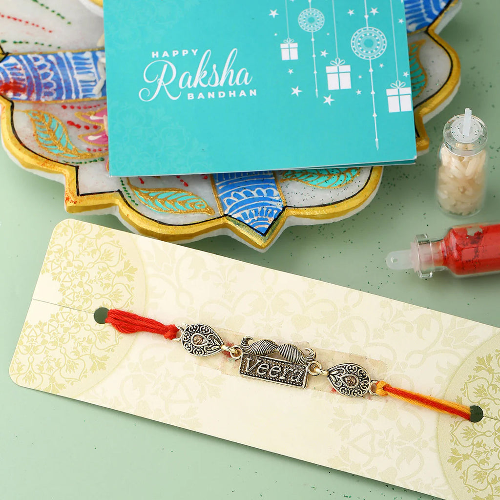 trueBrowns X Voylla Antique Designer Veera Rakhi With Roli Chaawal Pack | Grocsy