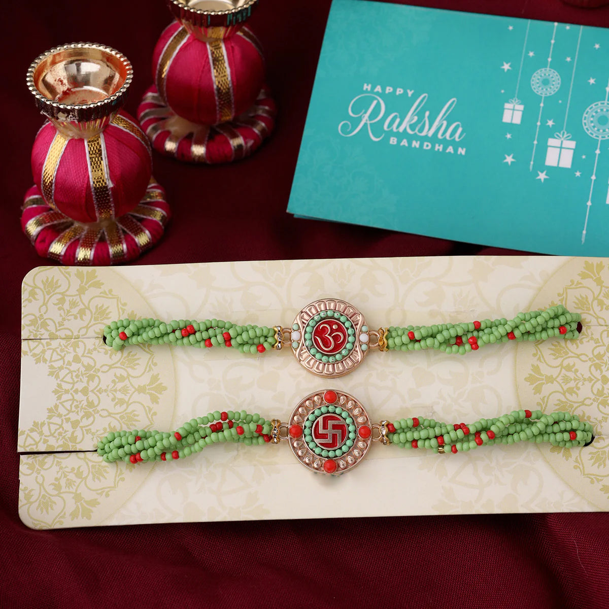 trueBrowns X Voylla Set of Two Beaded Rakhis With Roli Chaawal Pack | Grocsy