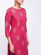 Aniyah Cotton Block Printed Pink Color Straight Kurta (AN-136K) | Grocsy